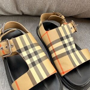 Burberry Beige Tan Check Kids Sandals with Black Footbed